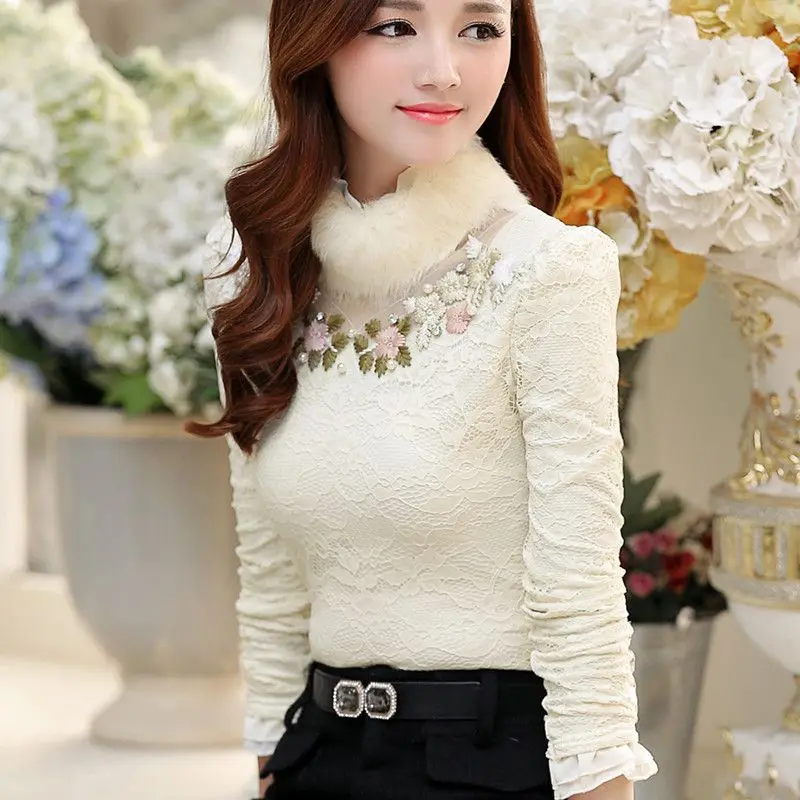 

Autumn Winter Women Thicken Velvet Thick Bottomed Shirt Female High Necked Lace Tops Long Sleeved Warm Blouses Blusas 4XL E775