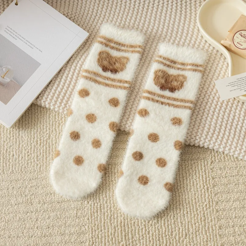 Cute Cartoon Bear Warm Thick Socks for Women Winter Fluffy Kawai Sleep Socks New Breathable Middle Tube Girl Fuzzy Thermal Socks