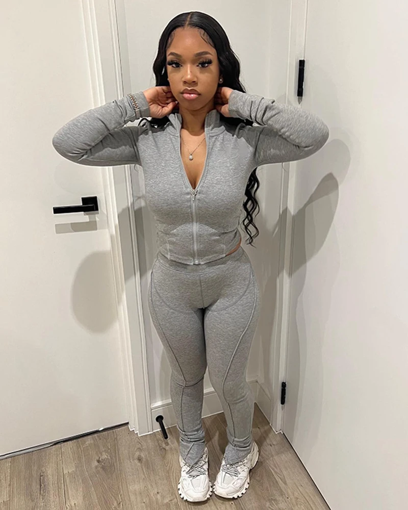 

New In Matching Two Piece Sets for Women Pant Sets Long Sleeve Stand Collar Zip Clothes for Casual Streetwear Conjunto Feminino