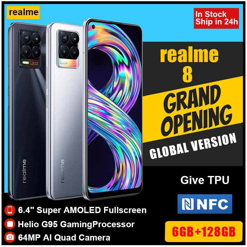 realme 8 smartphone 64mp quad camera phone helio g95 6 44inch amoled display 5000mah battery 30w charge 6gb 128gb cellphone free global shipping