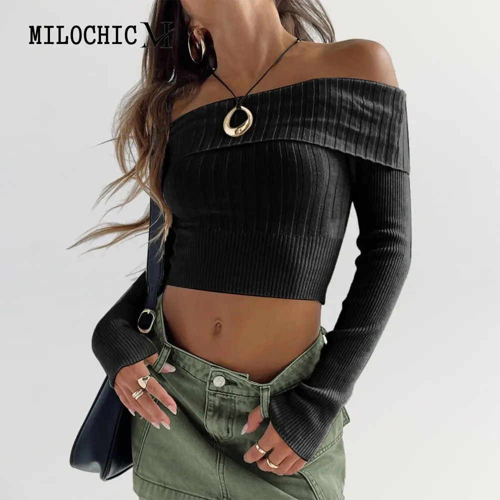 

Women Tunic Knitwear Top Slash Neck Off Shoulder Long Sleeve Sweater Spicy Girl Bodycon Top Navel Exposed Slim Fit Daily Outfit