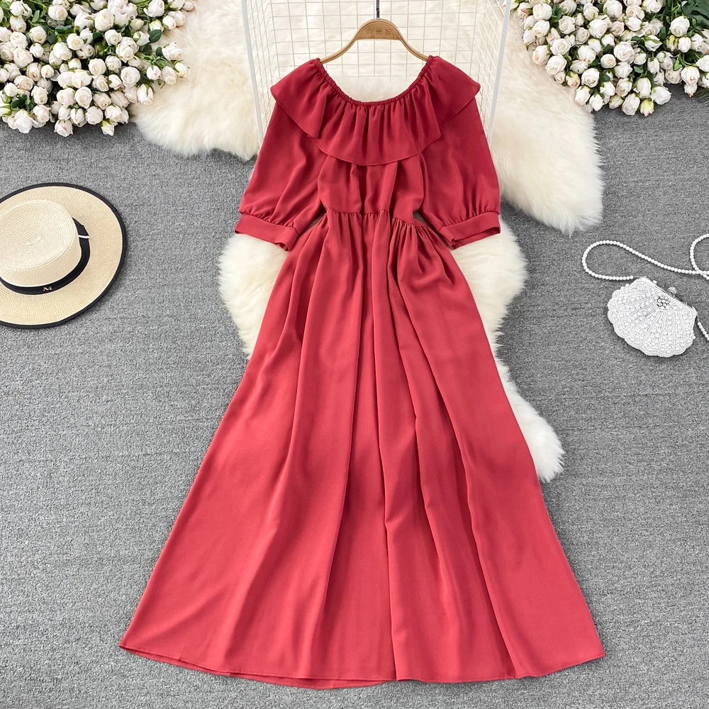 

SuperAen 2022 Summer Retro Solid O Neck High Waist Slim A-line Big Swing Long Casual Dresses for Women