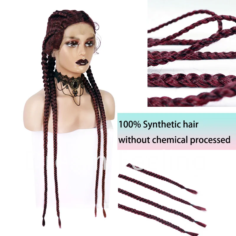 36 Inches 613 Braided Lace Front  Hair Wigs Double Dutch Box Braided Twist Synthetic Braids Wigs For Black Women