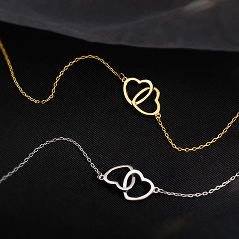 

Women Stainless Steel Jewelry Double Heart Chain Necklaces Minimalist Choker Necklace For Lady Pendant Gift