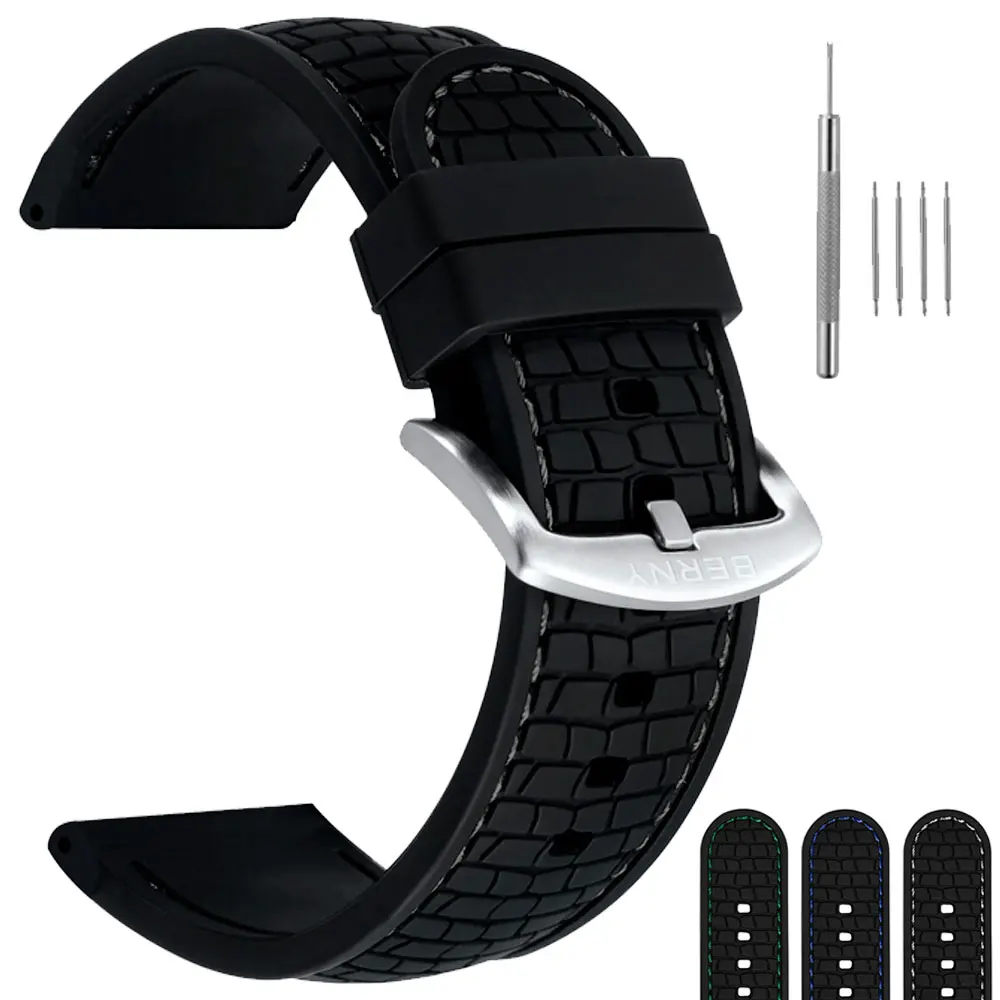 

BERNY Diver Watch Band for Men Women Soft Silicon Watch Strap Stainless Steel Buckl Wristwatch Bracelet Breathable Wachbands