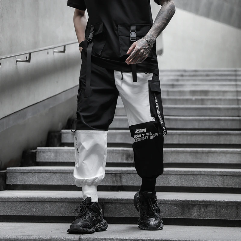 

Мужские брюки-джоггеры карго с множеством карманов в стиле пэчворк черно-белая одежда в стиле хип-хоп панк для ди-джеев