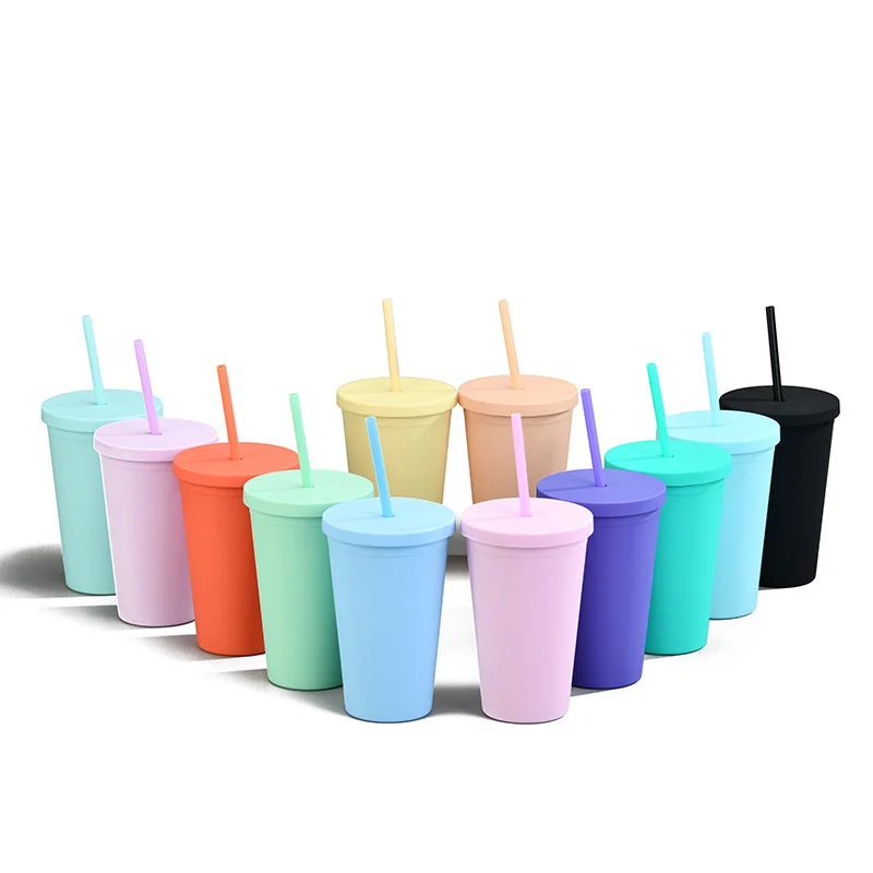 

Candy Color Straw Cup with Lid And Straw Double Layer Plastic 450 ml Tea Coffee Drinks Cup Frosted Water Cup Summer Sports Mug