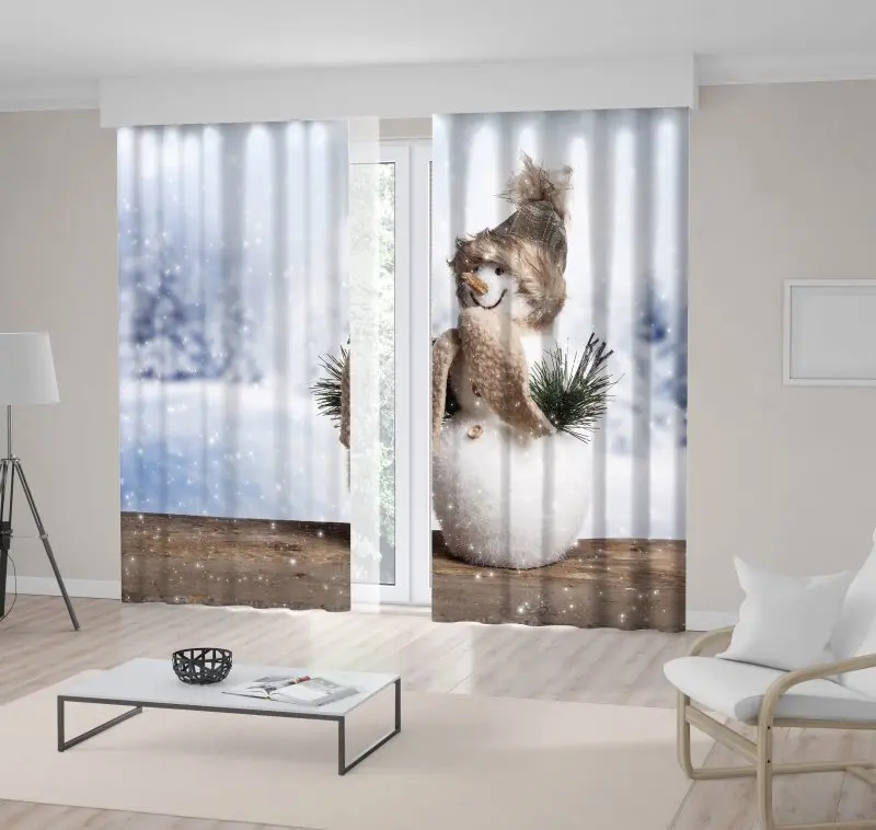 

Curtain Cute Snowman Snowflakes in the Romantic Fun Winter Decorations New Year Theme White Brown Photo Printed