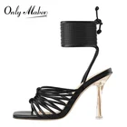 Сандалии Onlymaker Женские с квадратным открытым носком, босоножки на шнуровке с узлом, прозрачные босоножки на высоком каблуке, матовые черные с перекрестными ремешками, большие размеры, лето