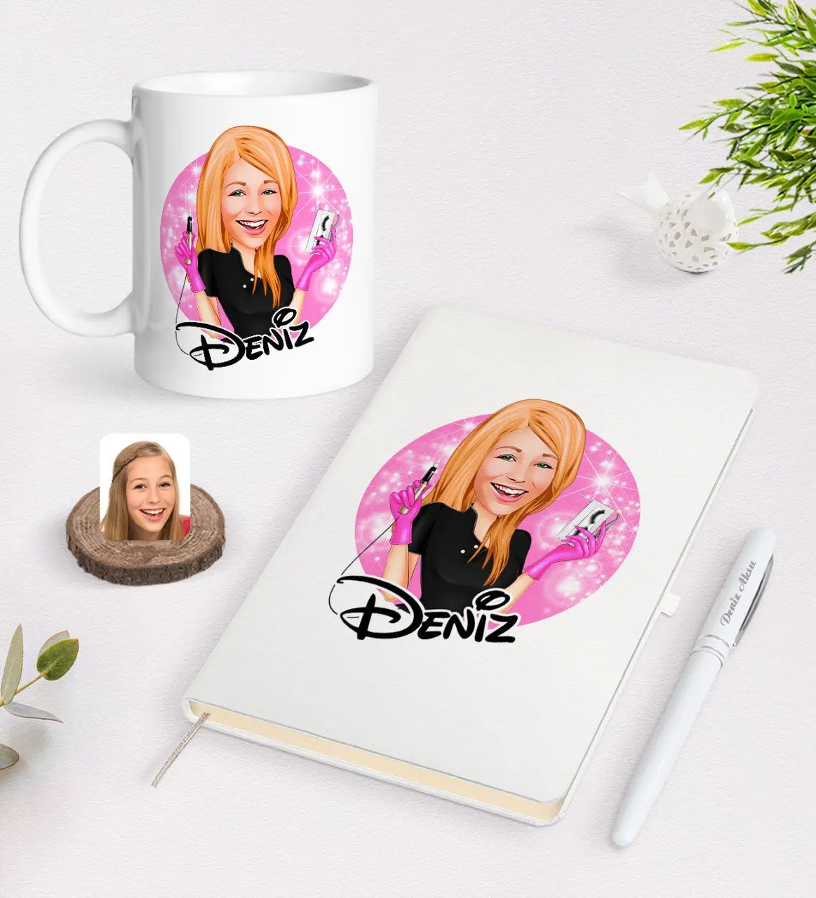 

Персонализированные Для женщин, специалистов по красоте карикатура белого Ручка для записной книжки и кружка Seti-3