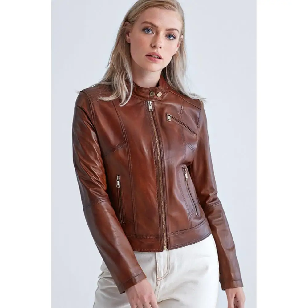 Women Genuine Sheepskin Biker Jacket Spring Autumn Outerwear Fashion Slim Fit Biker Leather Coats Casual Wear Waterproof