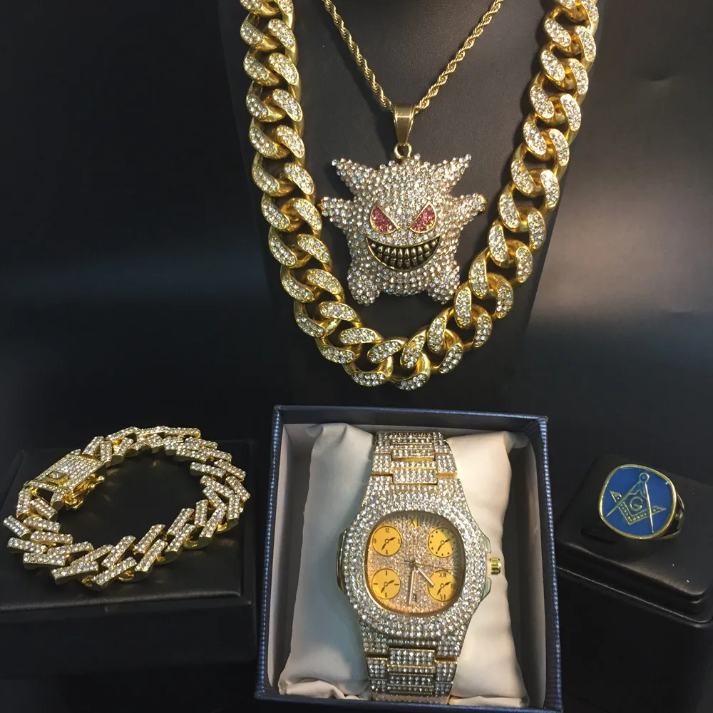 

Luxury Men Gold Color Watch & Necklace & Braclete & Ring Combo Set Ice Out Cuban Jewerly Crystal Miami Neckalce Chain For Men