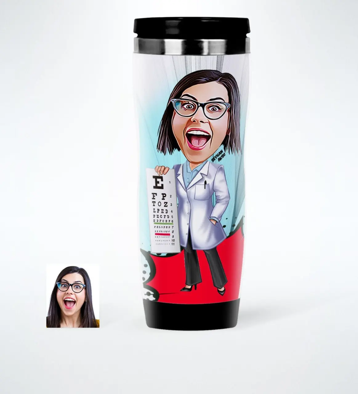 

Персонализированные женские глаза доктор карикатура стали термос чашка-1