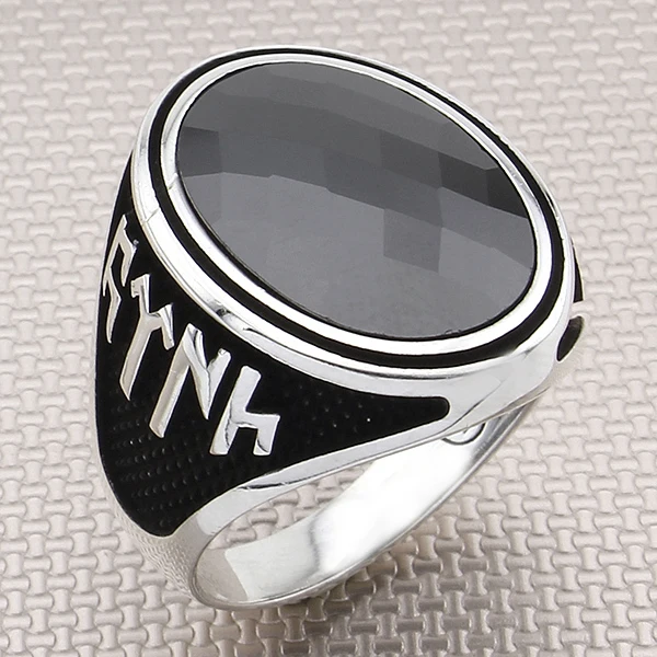 

Gokturk Black Zircon Gemstone Silver Men Ring with Turkish Written Jewellery 925 Sterling Silver Ring Handmade Natural Stone
