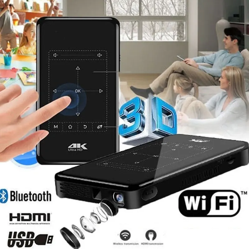 Поддержка 4K проектор Full HD 1080P смарт Карманный мини Android 8G Wifi Bluetooth DLP домашний