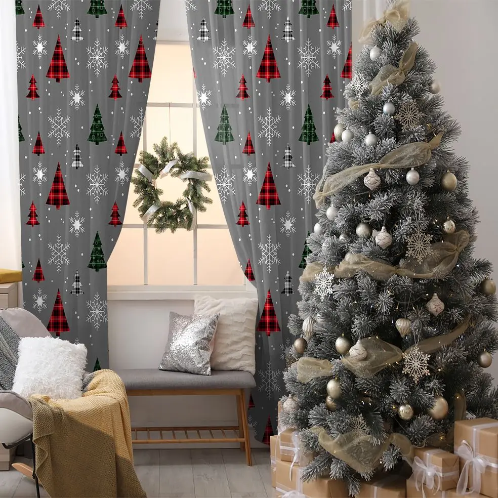 

Curtain Snowflakes Pine Trees Pattern Winter Festive Season Decoration Theme Artwork Red Green White