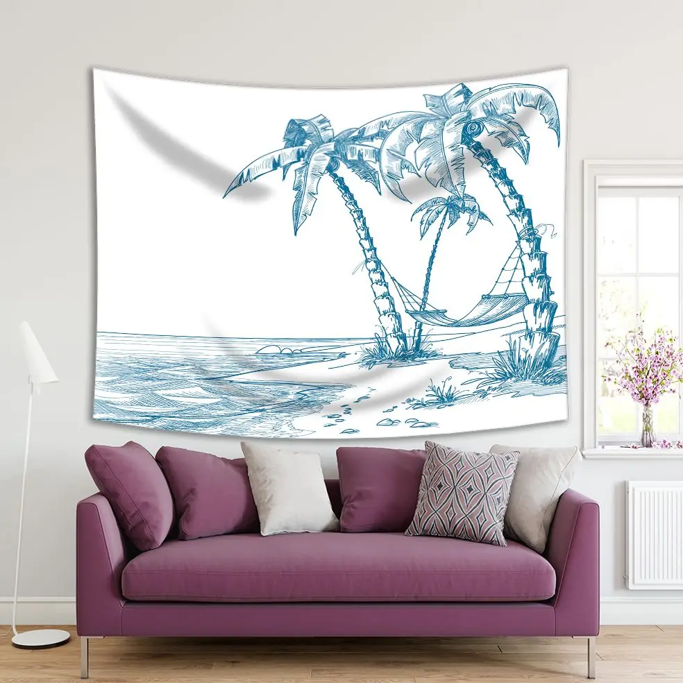 

Tapestry Tropical Beach with Palm Trees and Hammock Seaside View Illustration Blue and White Artwork Print