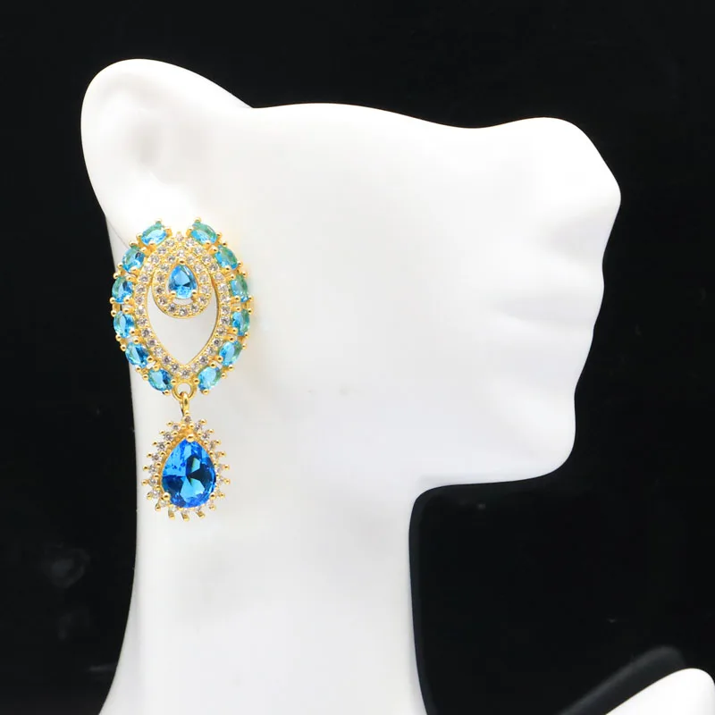 43x20mm Fancy 8.8g Created Swiss Blue Topaz For Women Daily Wear 14K Gold Silver Pendant Earrings | Украшения и аксессуары