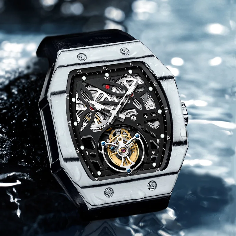 

GIV luxury Tourbillon NTPT Carbon Fiber Flying Tourbillon Watches Super luminous Waterproof mechanical Wrist watch rubber band