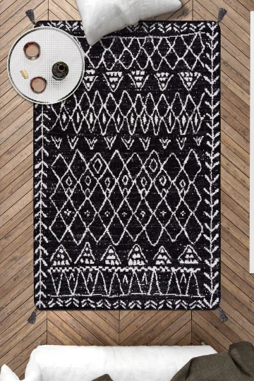 

Black and White Mystic Pattern Double Sided Woven Rug, Turkish rug