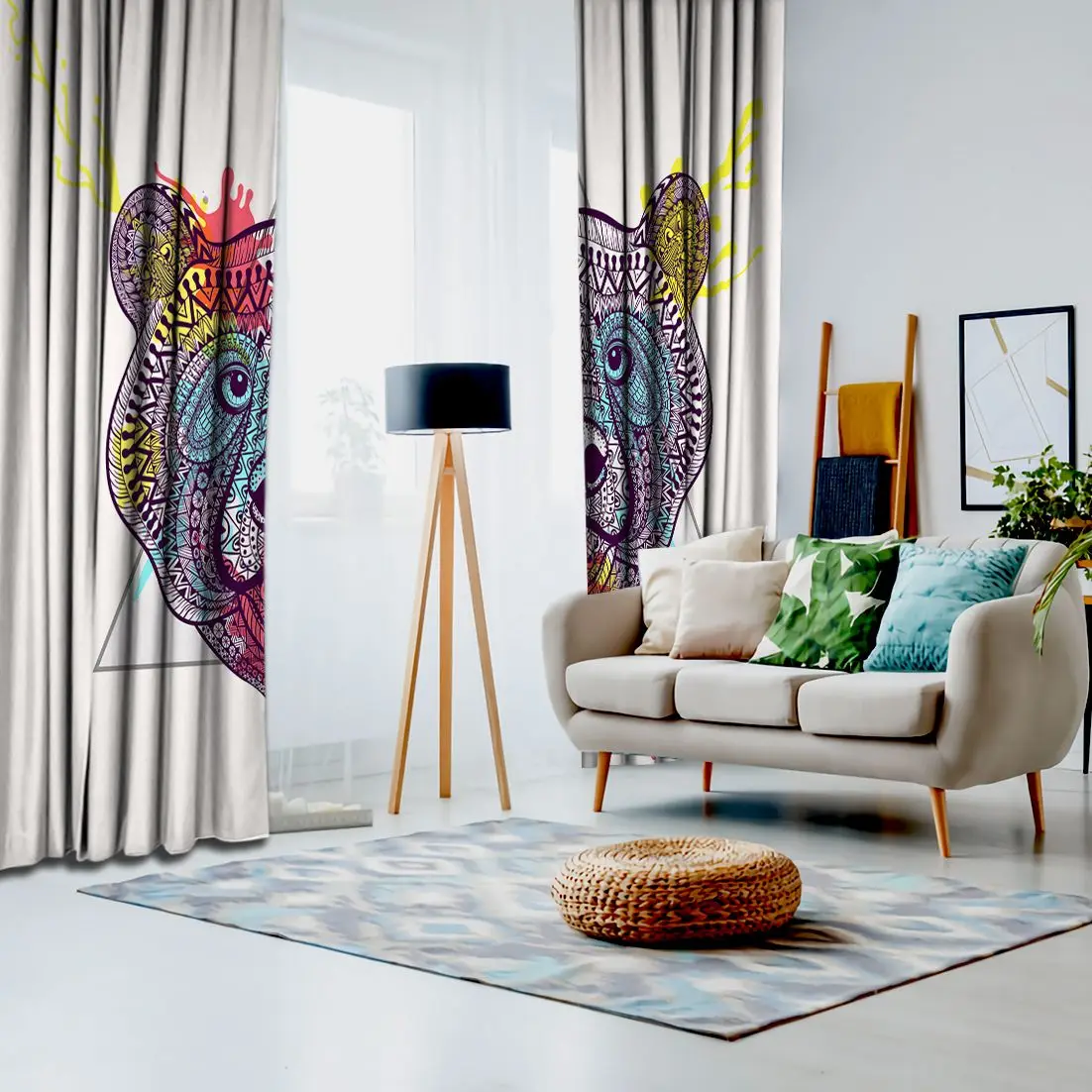 Занавес медведь лицо в треугольнике с рамкой акварельные чернила капля диких