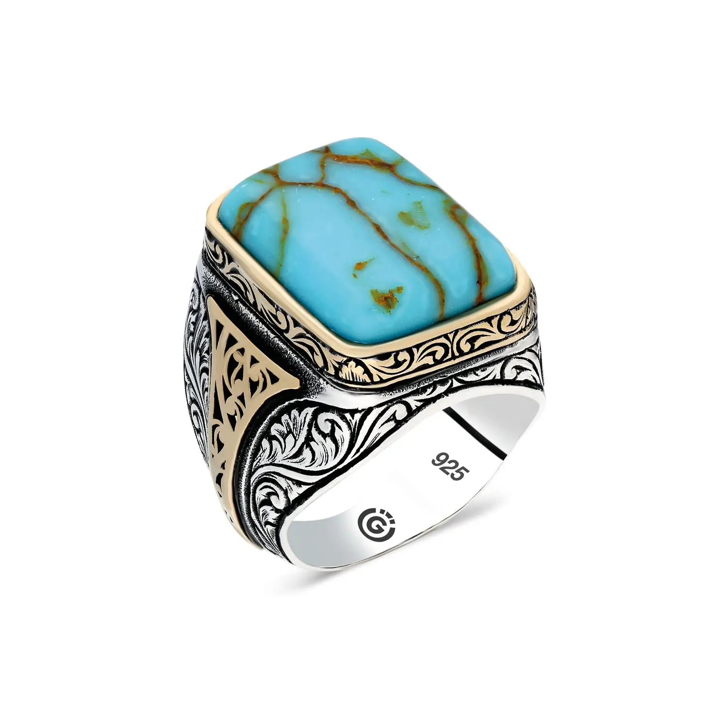 

Solid 925 Sterling Silver Ring with Raw Rectangle Blue Turquoise Gemstone and Vintage Style Made in Turkey Gift for Men