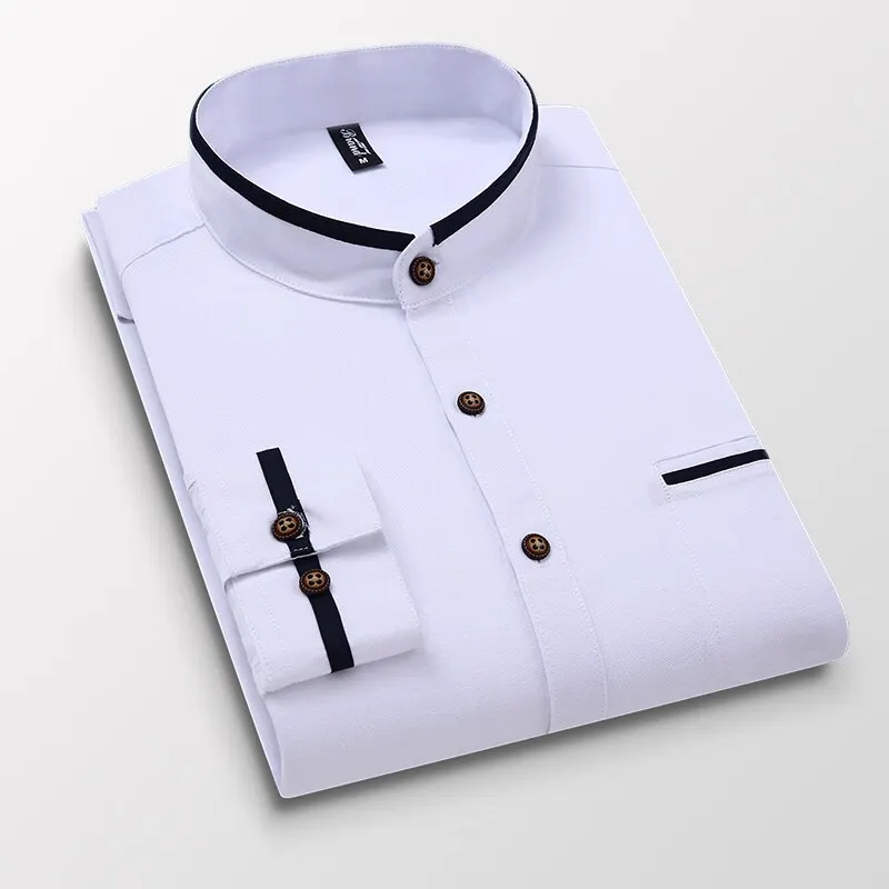 

Men's clothing long-sleeve regular fit button down thick shirt Casual solid Oxford dress white shirt one patch pocket stand