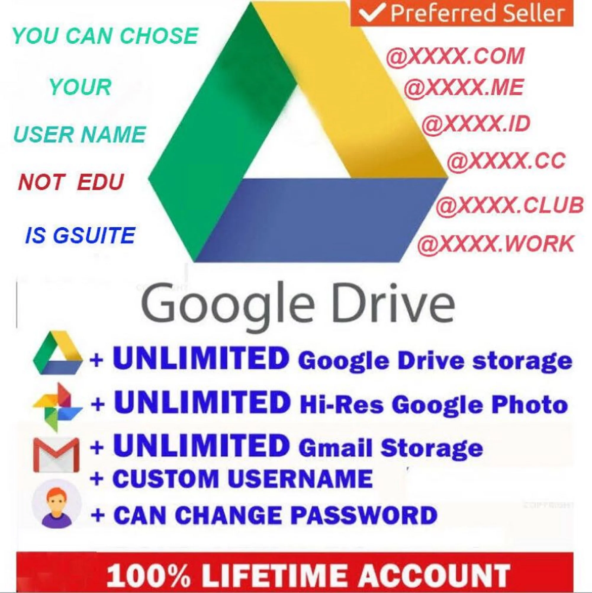 

G-suite Google Drive Unlimited Storage Life Time New Account / not upgrade