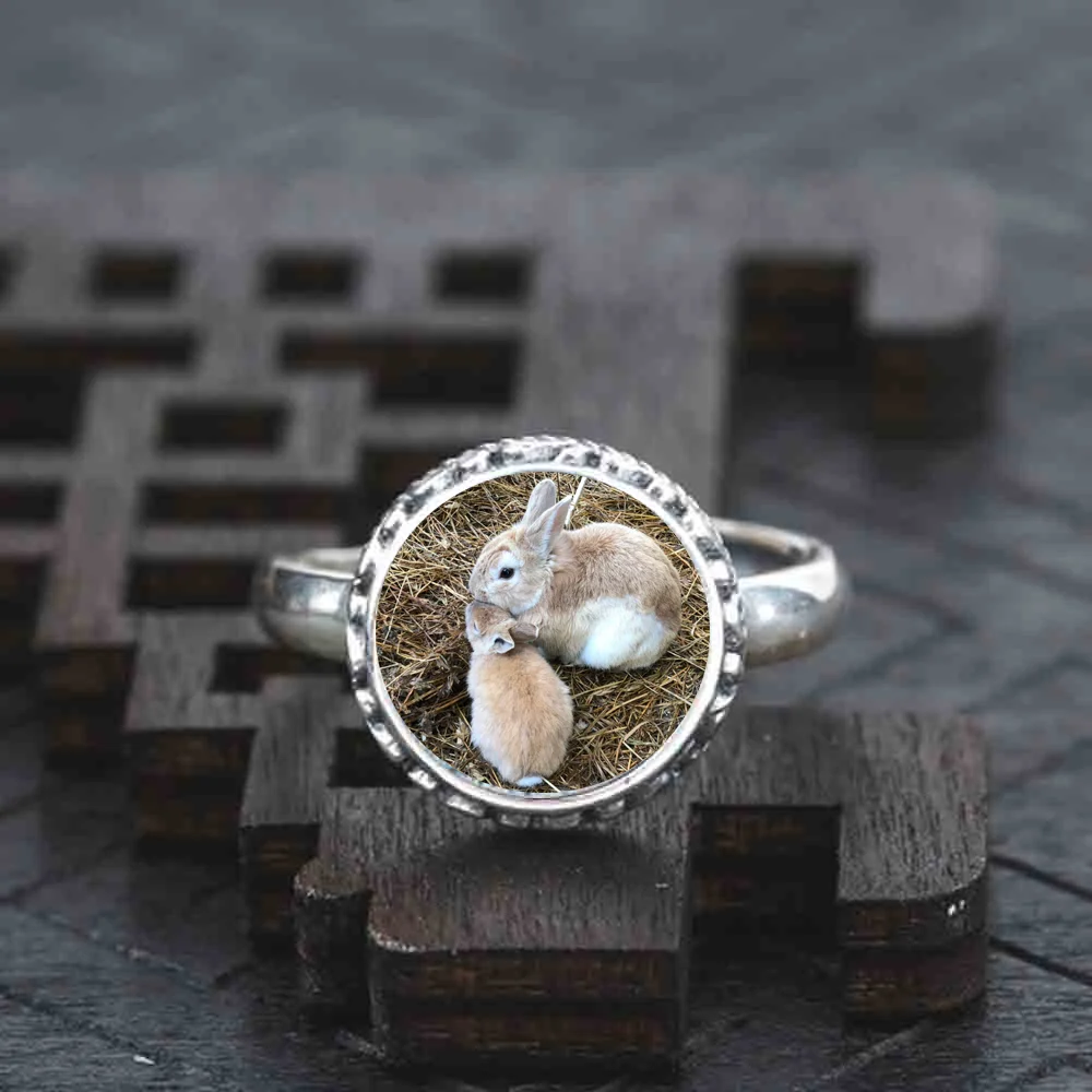 925 пробы Серебряное кольцо два коричневого кроликов Регулируемый торжественное