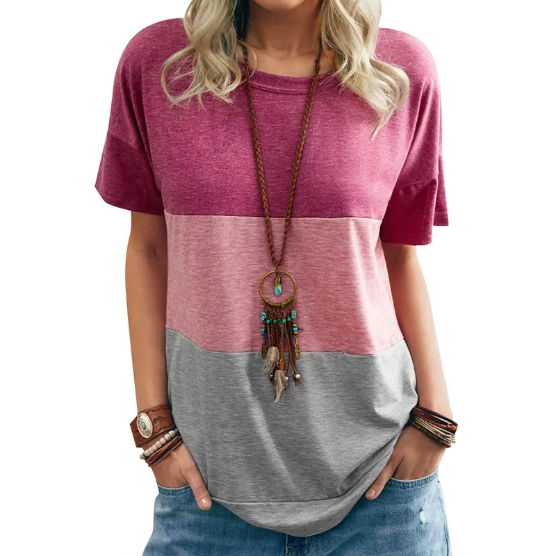 

Women's Summer Color Block Tops Tee Casual Short Sleeve Tshirts Loose Top Pullover Ladies O-Neck Striped Patchwork Tee
