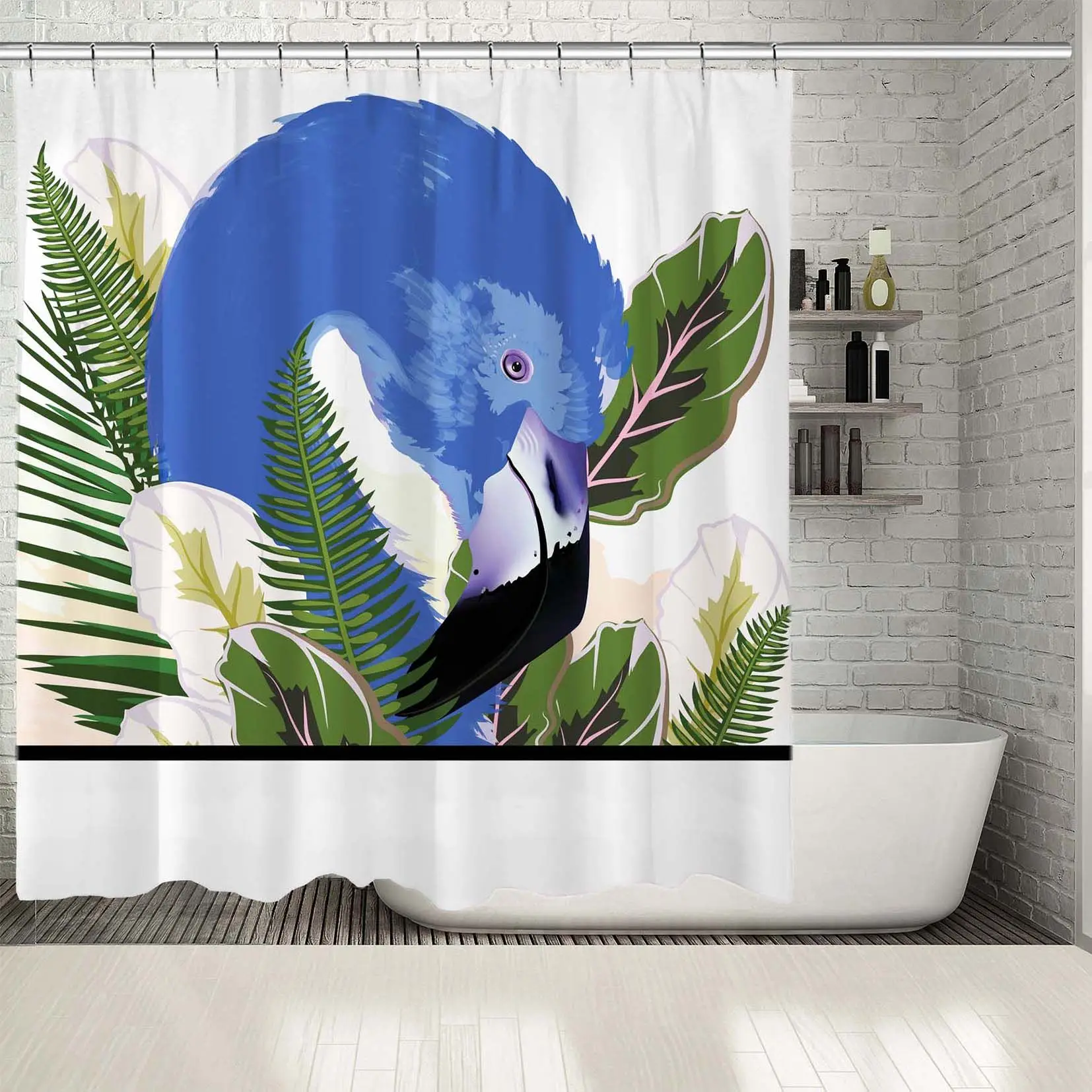 

Shower Curtain Flamingo and Palm Leaves Exotic Nature Tropical Wild Life Colorful Artwork Blue Green White