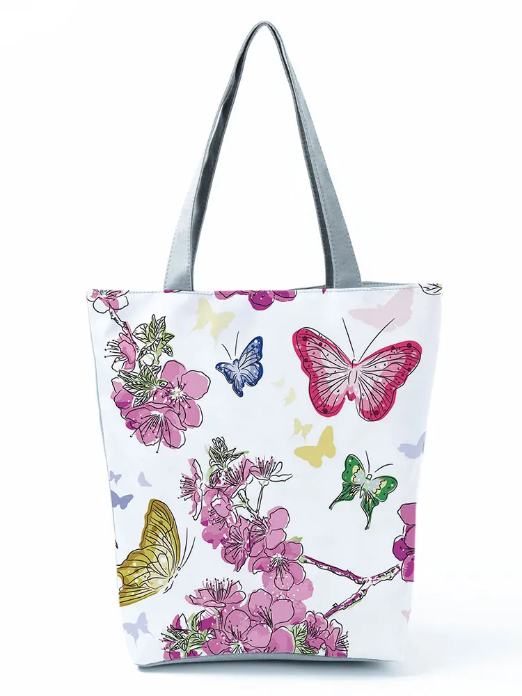 

Simple Fashion Butterfly Floral Printed Handbags for Women Eco Friendly All-Match Shopping Bag High Capacity Portable Beach Bag
