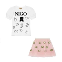 nigo girls cat print short sleeve t shirt pink embroidered skirt set suit nigo31296