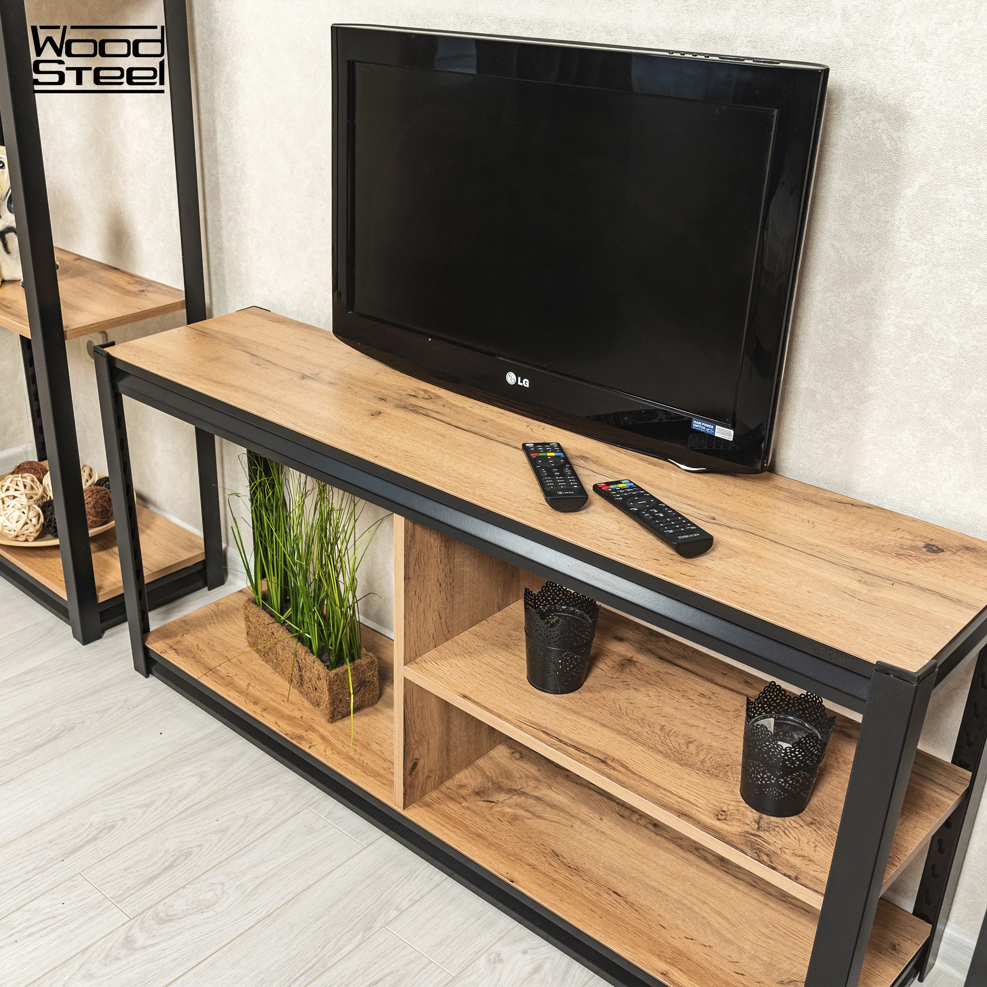 TV Тумба WOOD&ampSTEEL 50x120x30 см в стиле лофт материал каркаса: металлический профиль
