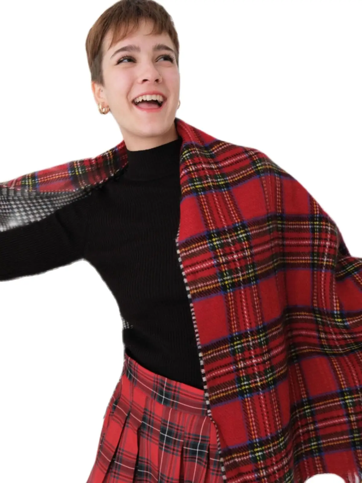 

Unisex Double-Sided Thick Plaid Hot Front Back Different Tip Tassel Wool Shawl