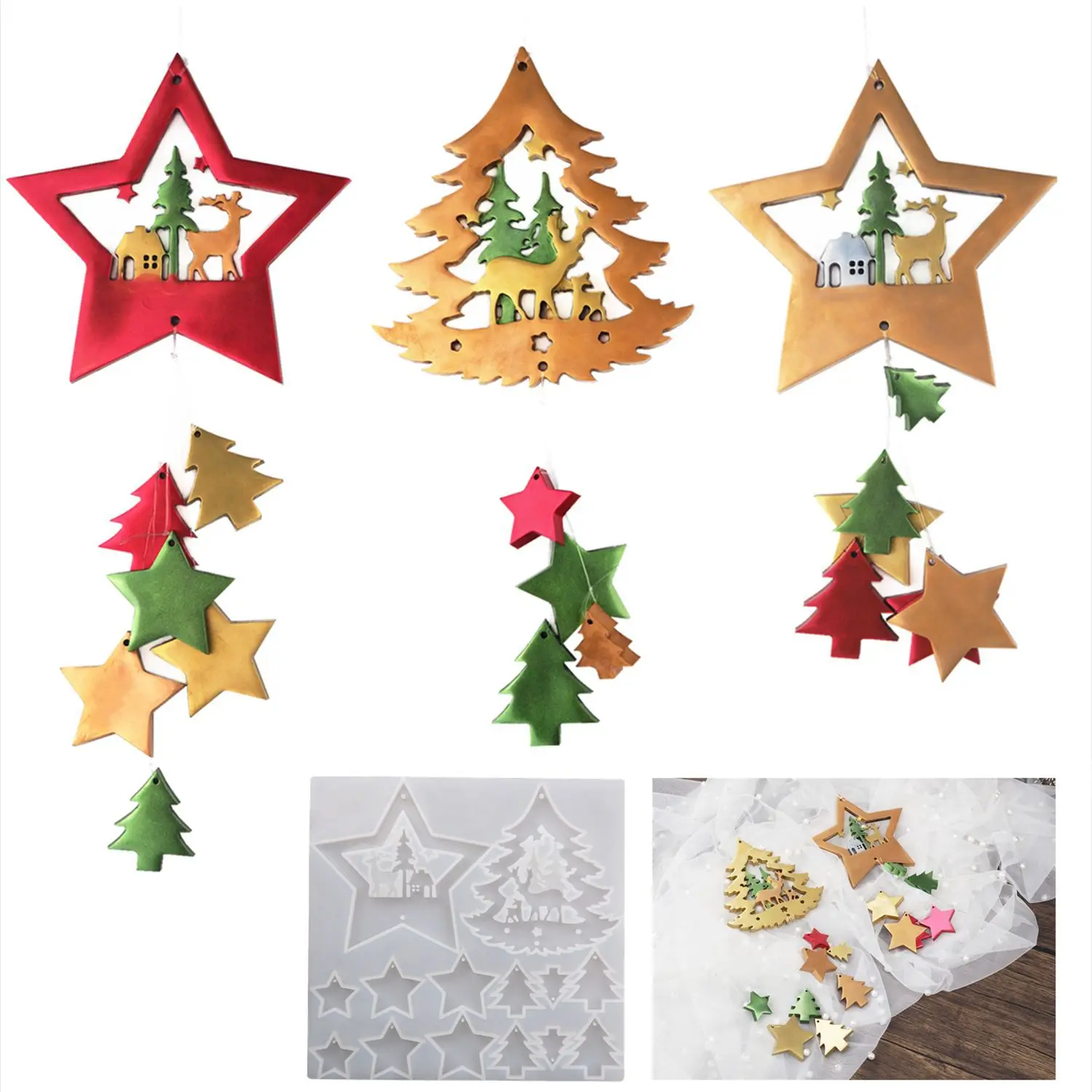 

Hristmas DIY Crystal Epoxy Resin Mold Christmas Tree Five-Pointed Star Pendant Decoration Mirror Silicone Mold