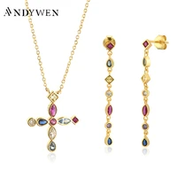andywen 925 sterling silver gold rainbow cross zircon necklace long chain drop earring 2020 rock punk fashion fine jewelry set