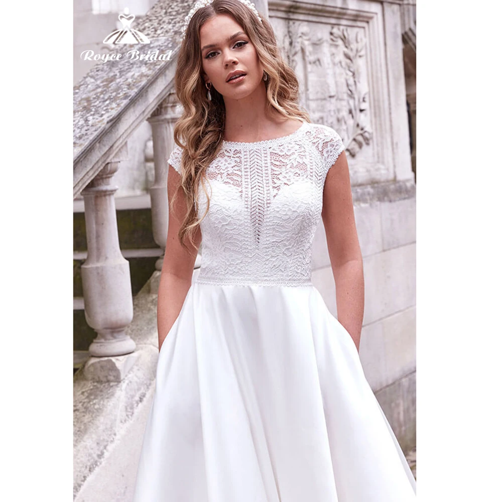 

Elegant O-Neck Button Bow Lace Ball Gown Wedding Dresses 2022 Chiffon Bridal Gowns Short Cap Sleeve Floor-Length Sweep платье