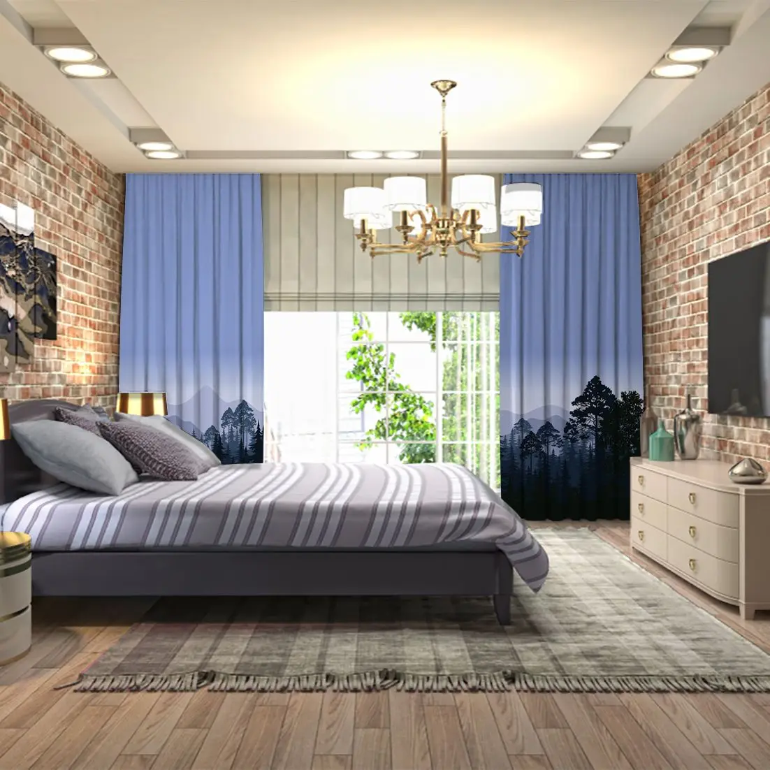 Шторы Ночной лес горизонтальный Пейзаж Деревья и горы Силуэт черный темно синий