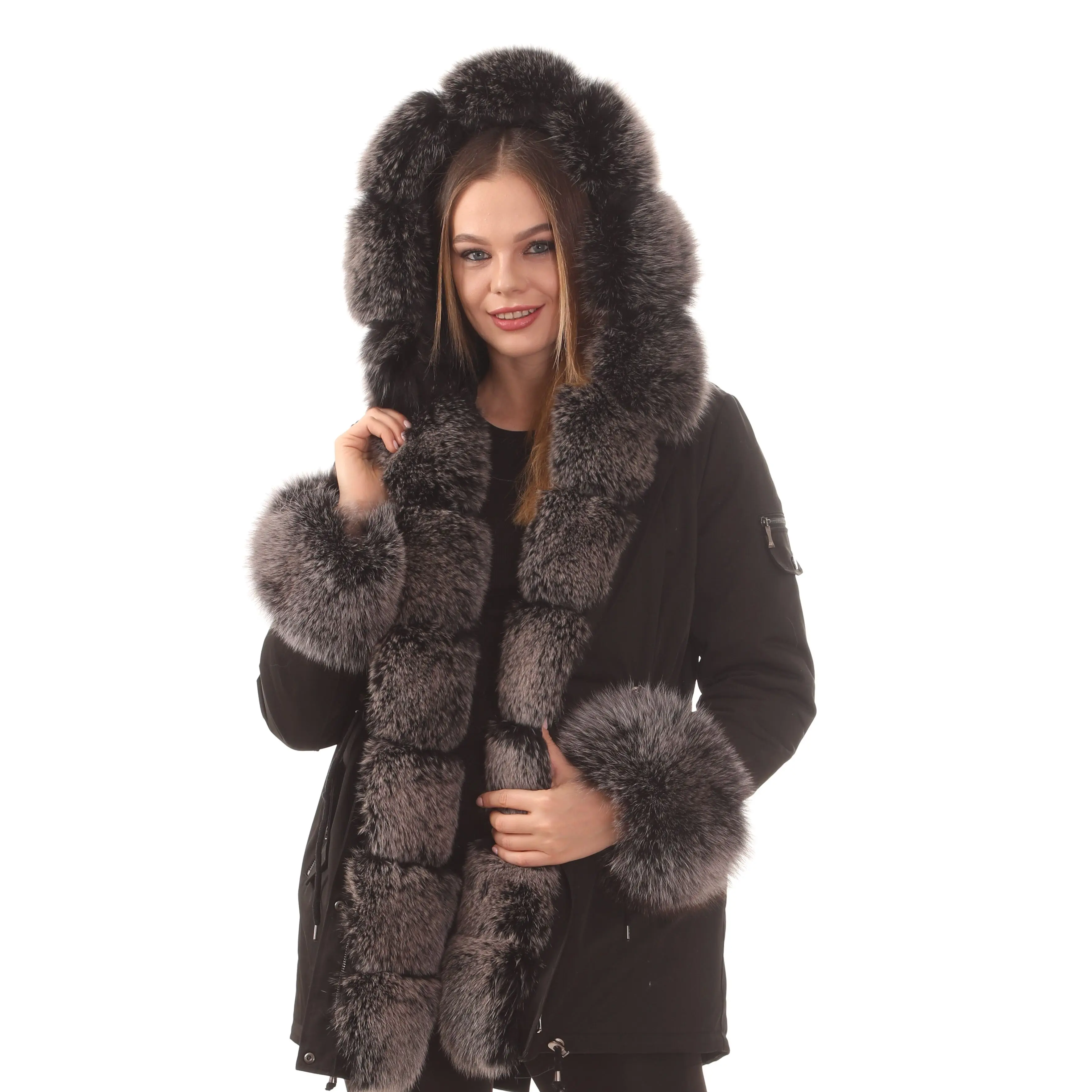 womens long black puffer coat WOMEN FUR JACKET SHORT  FOXFUR BLACK  HOODED FUR POCKETS COAT down puffer coat