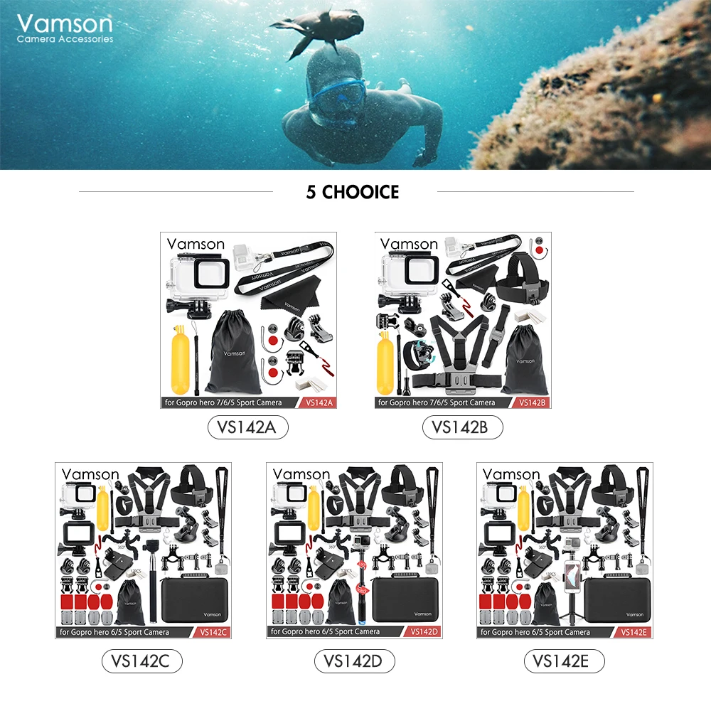Vamson для Gopro Hero 7 6 5 комплект аксессуаров для шеи водонепроницаемый корпус Чехол-рамка плавучий поплавок для камеры Go pro Hero 6 5 VS142