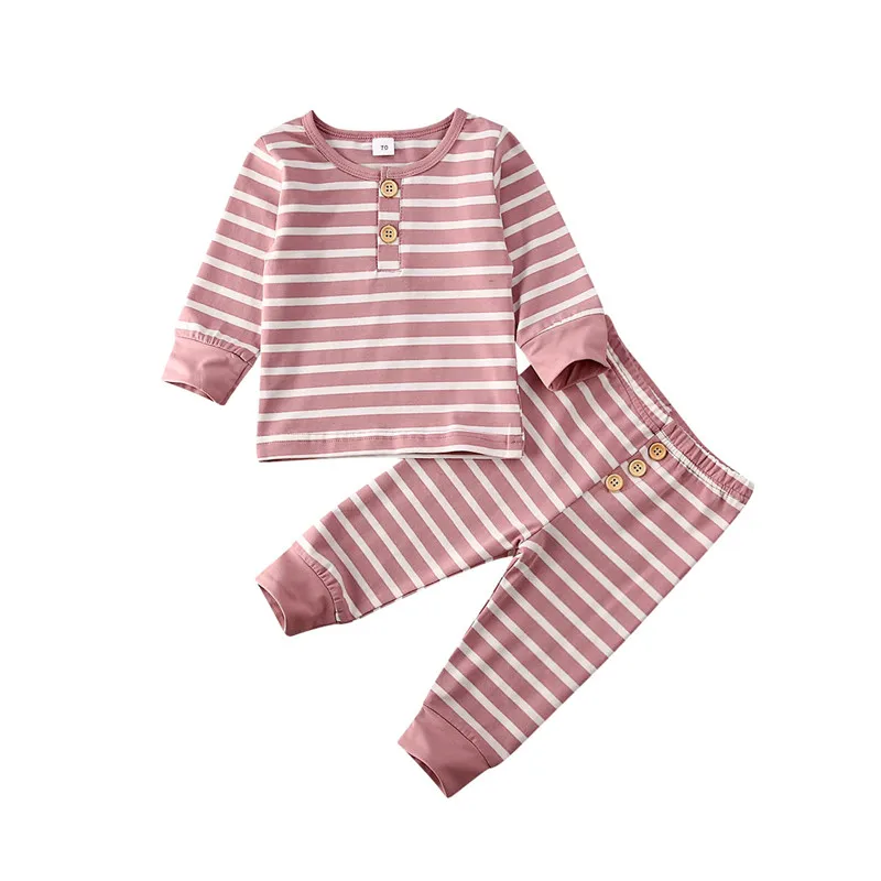 Stripe Pink Одежда для новорожденных мальчиков и девочек от 0 до 24 месяцев однотонная цветная Пижама пижамный комплект, хлопковая одежда для сна Милая одежда для сна домашняя одежда - Цвет: Stripe Pink