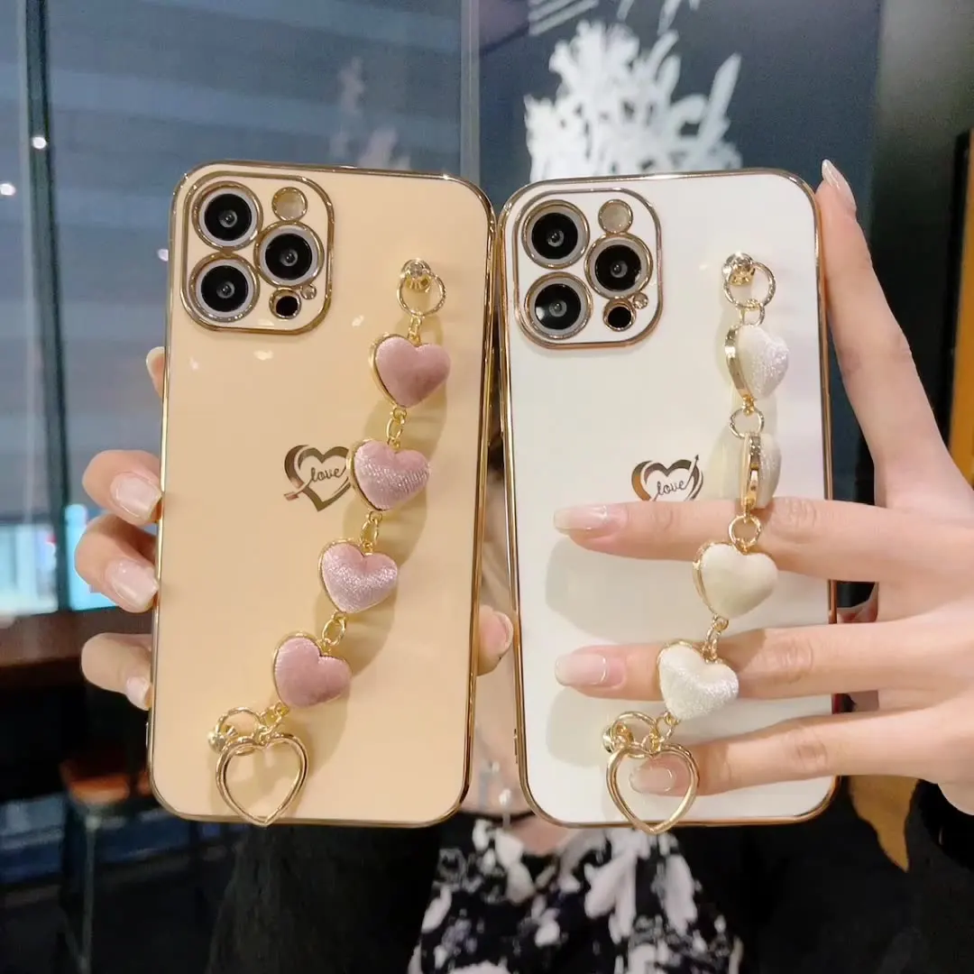 

Luxury Plated Electroplated Gold Glitter Heart Bracelet Cover for iPhone 11 12 Pro Max 8 Plus 7 13 Pro Case XR XS X SE 2020 Capa