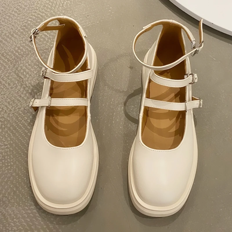 

Flats Shoes for Women Thickened Bottom Square Toes Low Heels Female Parallel Buckles Mary Jeans Ladies Footwear Zapatillas Mujer