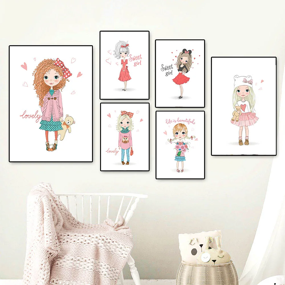 

Cartoon Sweet Girl Poster illustration Nordic Nursery Wall Art Pictures Print Canvas Painting Kids Baby Bedroom Decor Paintings