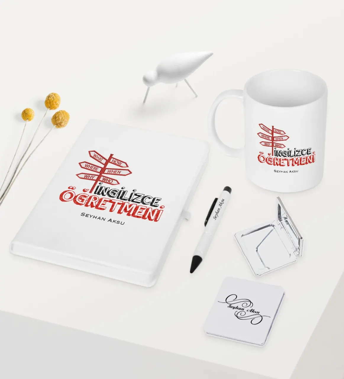 

Personalized English Teacher Themed White Notebook Pen Cup Mirror Set-1