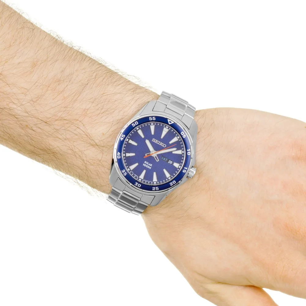 Мужские солнечные часы Seiko SNE391P1 с синим циферблатом ремешок из нержавеющей стали