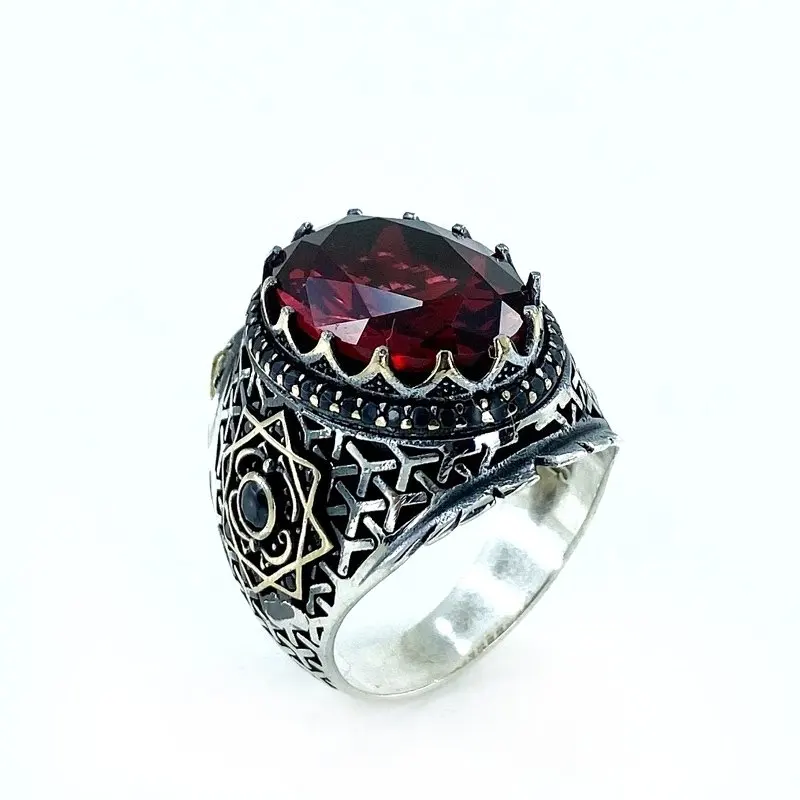 Рубиновый цвет Овальный циркон камень ручной работы серебряное мужское кольцо |
