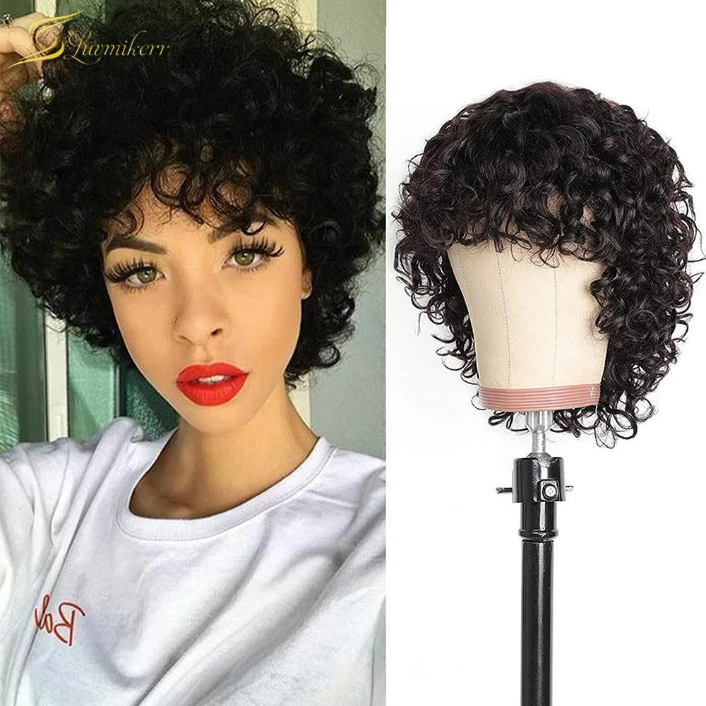 

Water Wave Curly Human Hair Wigs With Bang Full Machine Made Short Bob Wig For Black Women Pixie Cut Loose Deep Wave Wig Natural