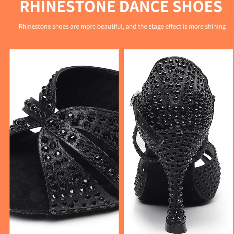 Woman Sliver Black Latin Dance Shoes Women Suede Leather Strappy Ballroom Performance  Shoes for Dancing Flare Heel 7.5cm-9cm